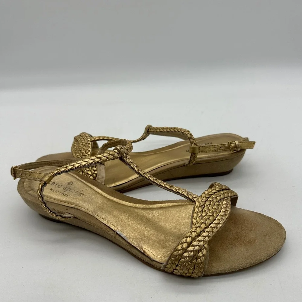 Kate Spade New York Womens Size 8.5M Gold Metallic Braided Strappy Wedge Sandals